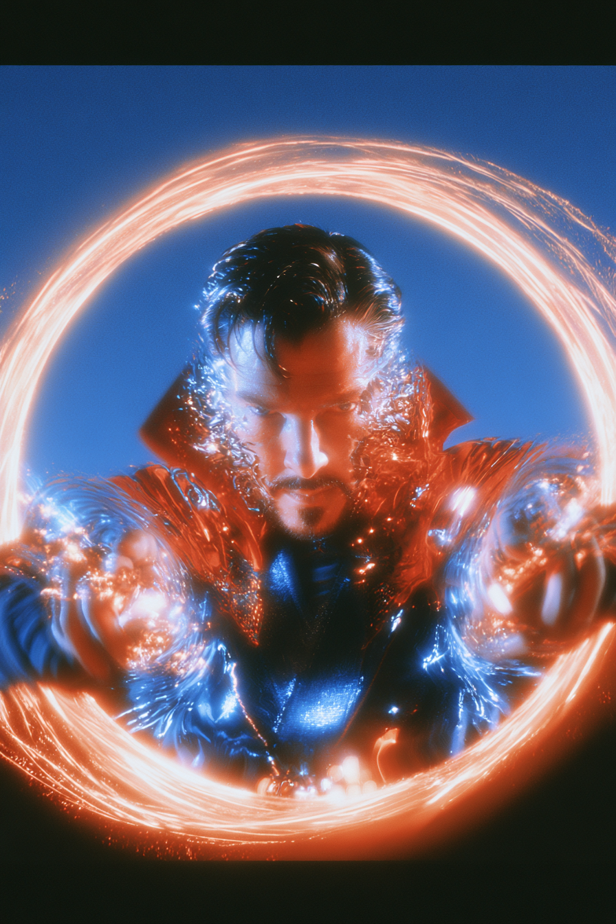 Doctor Strange zerreißt ein symmetrisches oranges Portal