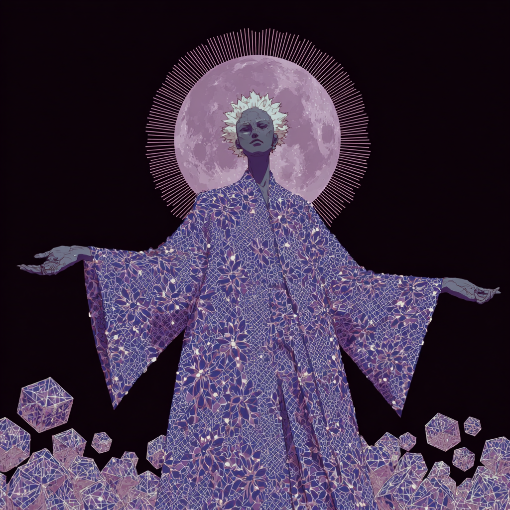 Patterned Mystic Before a Geometric Moon
