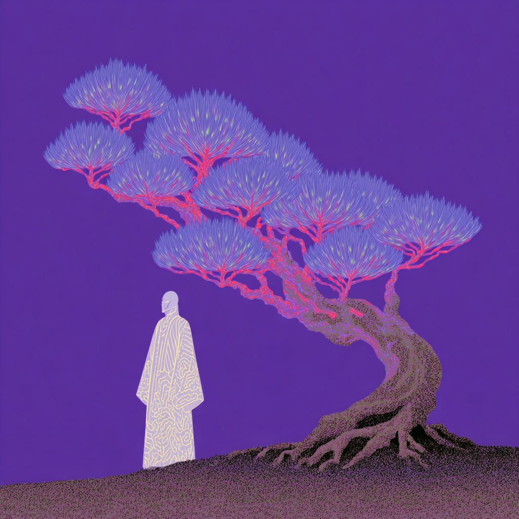 Light-Robed Figure Beneath a Glowing Tree