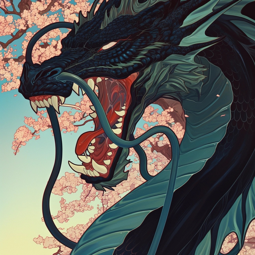 Dragon japonais noir et rouge parmi les pétales de sakura
