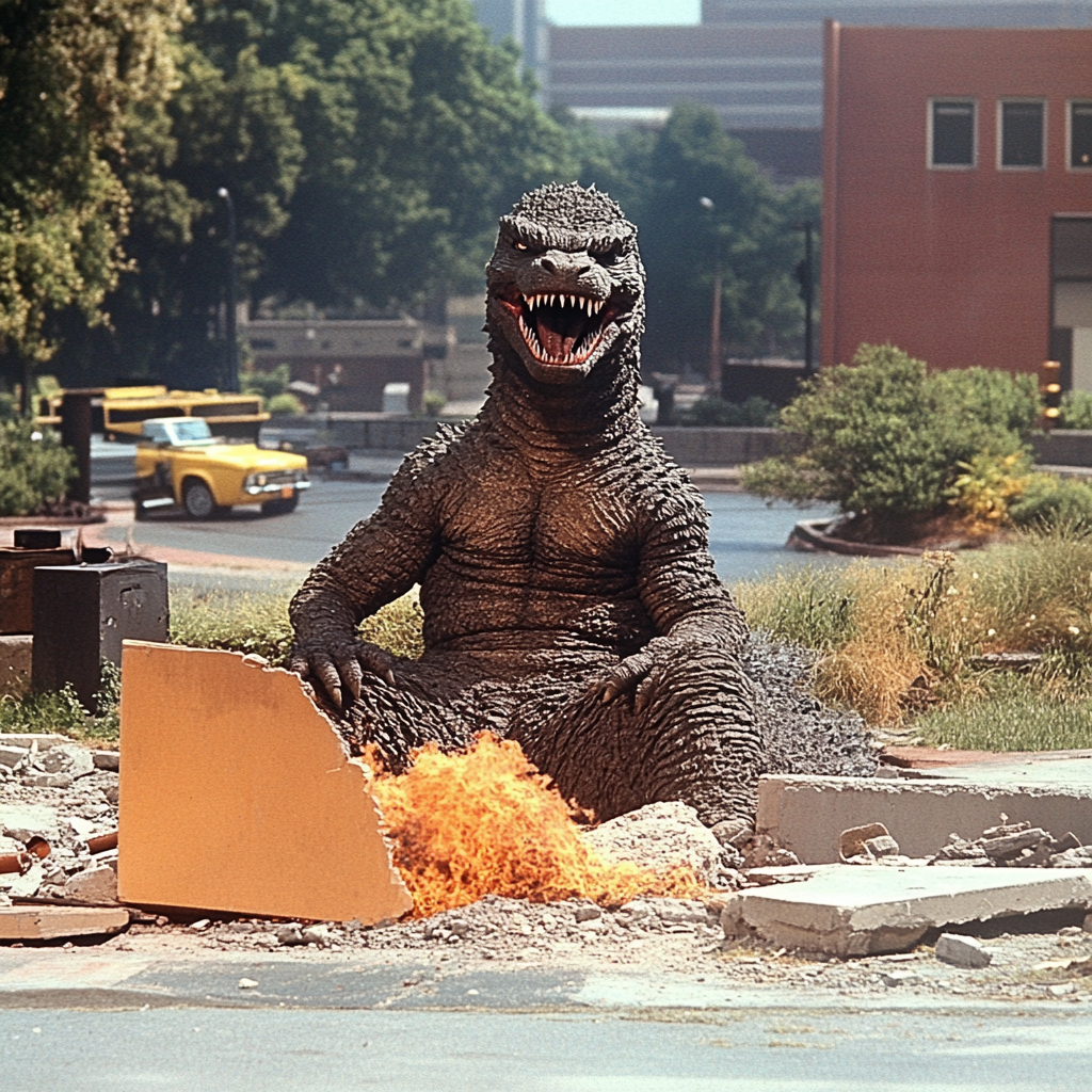 Godzilla brüllt in einem Tokusatsu-Still der Dreißiger