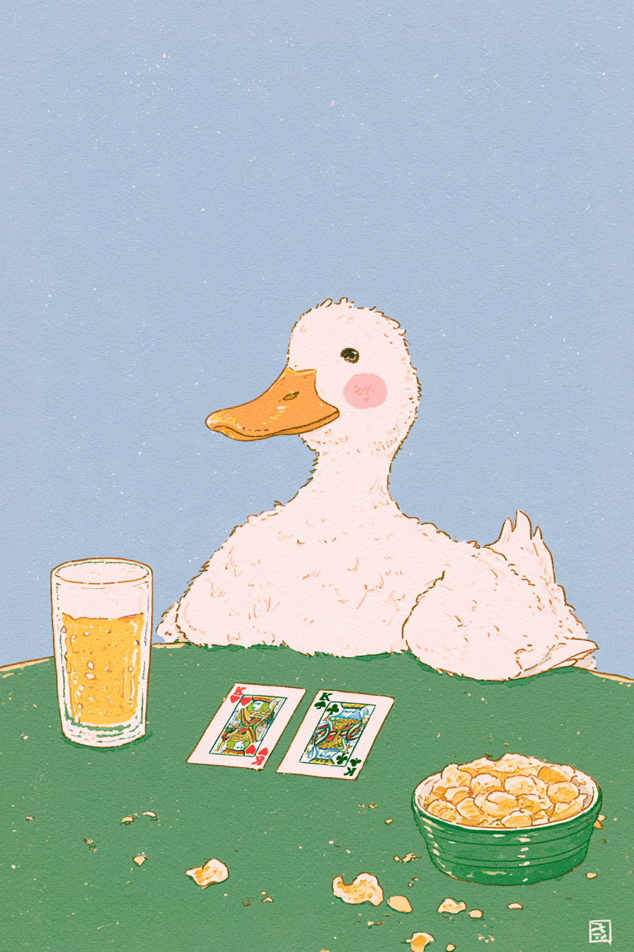 Poker Duck with Beer and Crisps, Vintage Poster Style