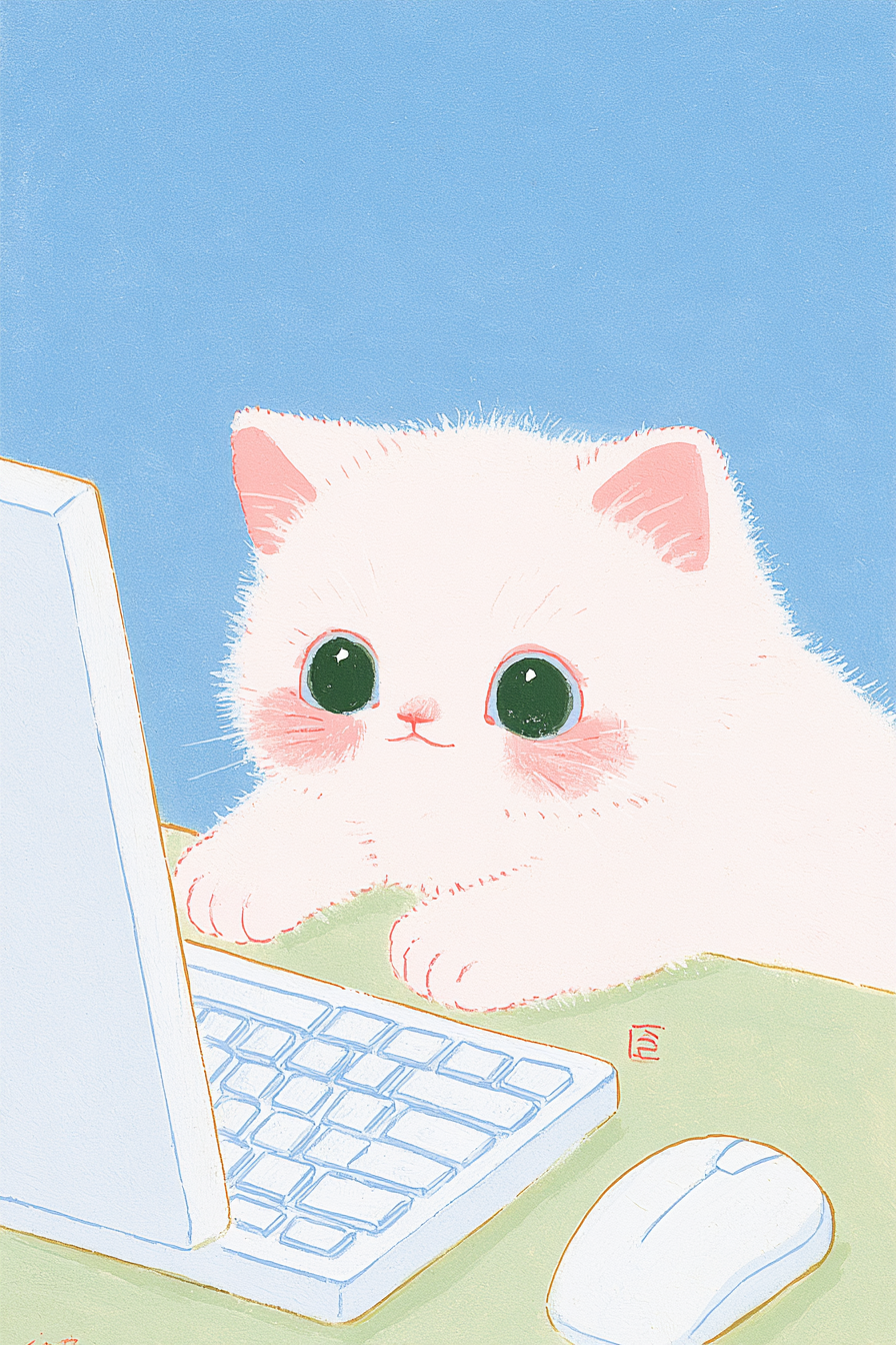 Little Cat at a Computer in Soft Poster Illustration