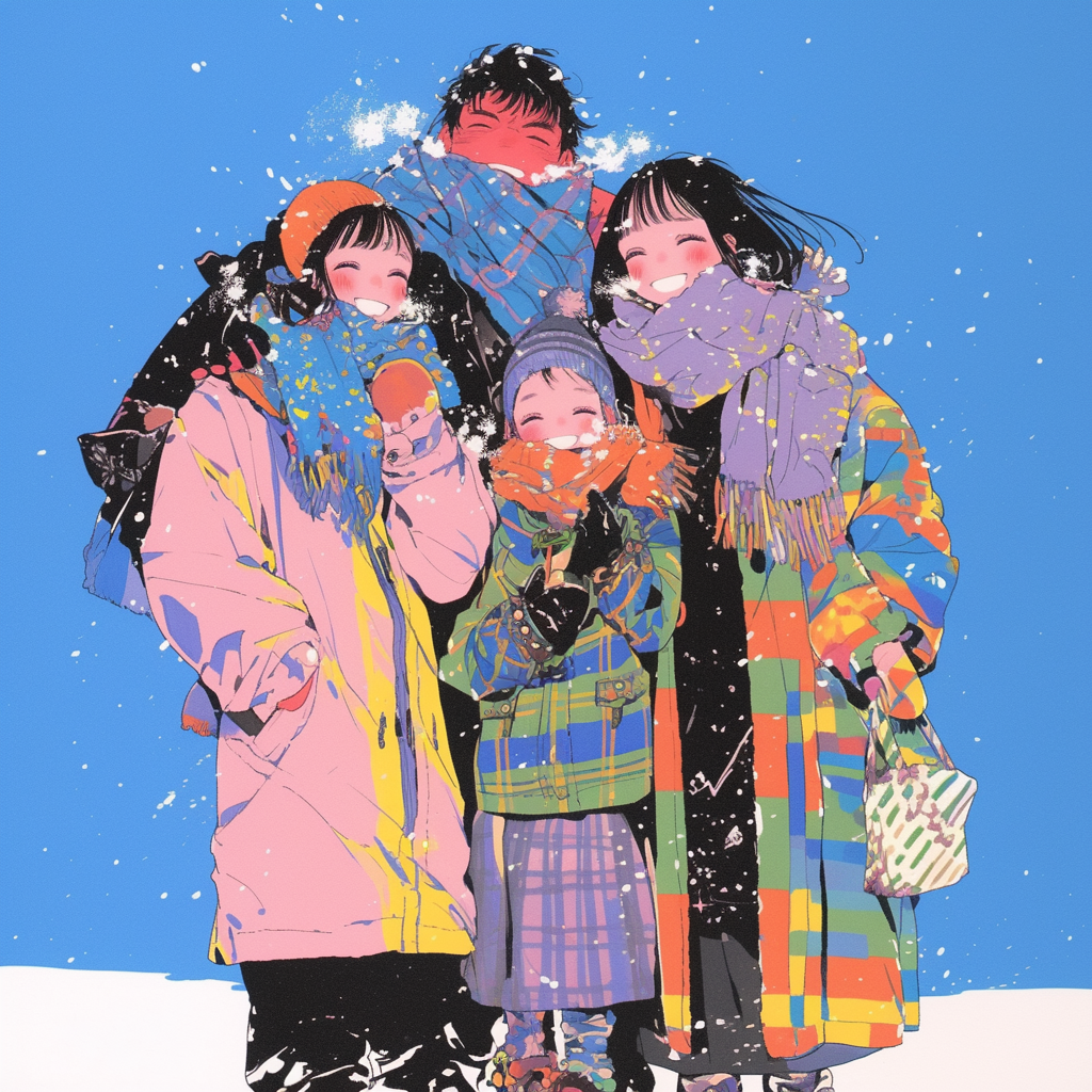 Family Together in Bright Winter Light