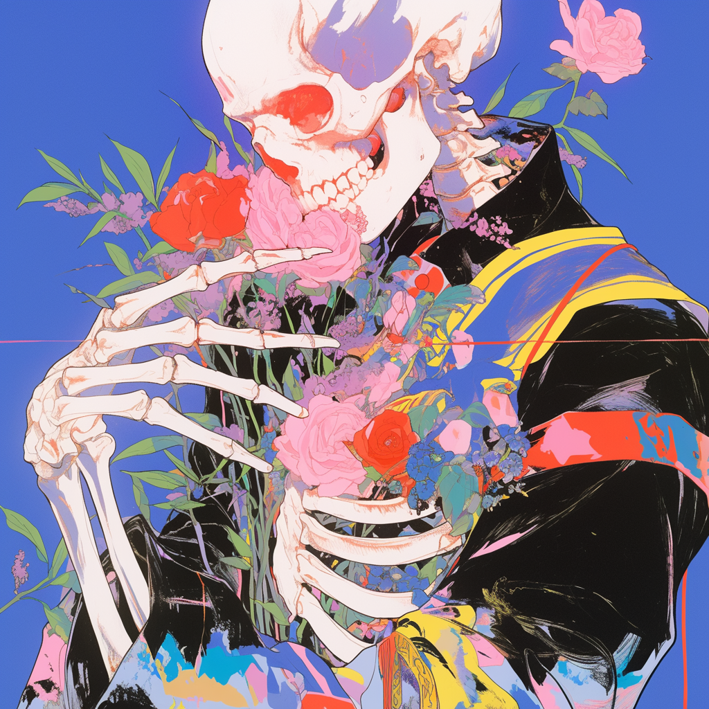 Skeleton with Roses Gazing into the Distance