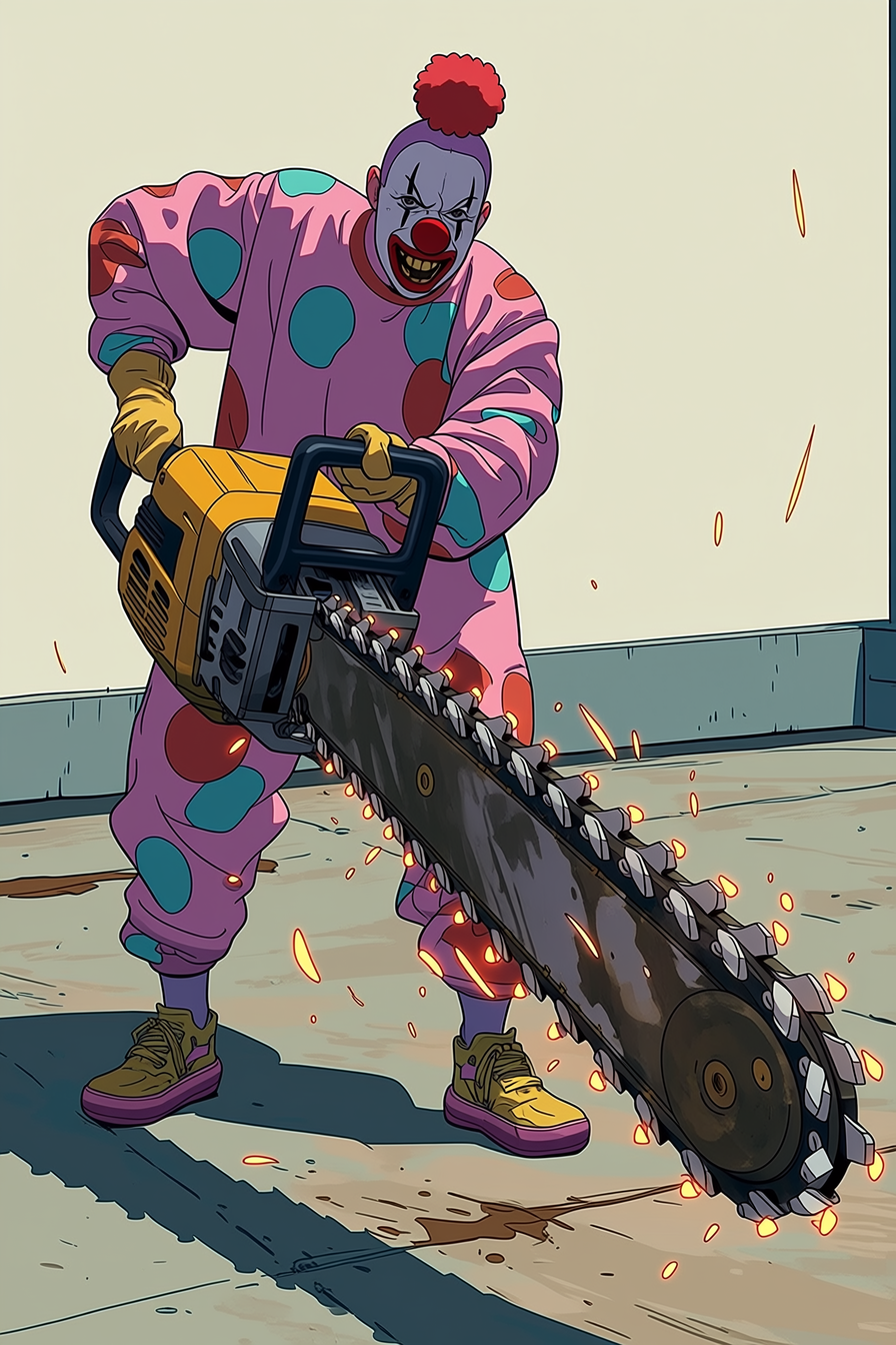 Pastel Clown Girl Dragging an Industrial Chainsaw