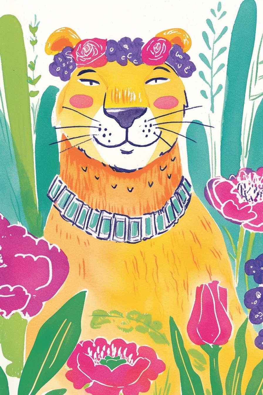Diamond-Adorned White Panther with Peonies