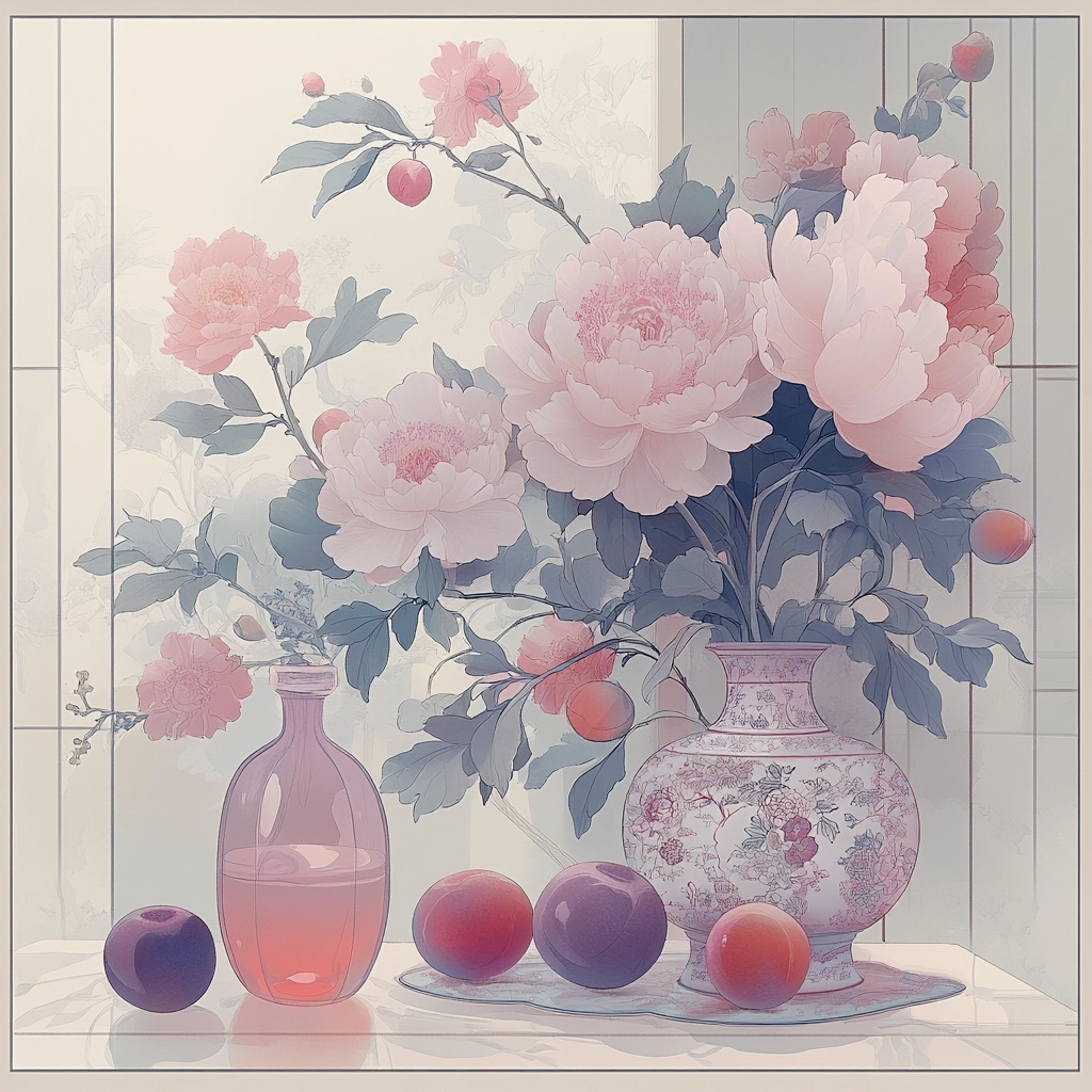 Watercolor Flowers and Fruit Still Life