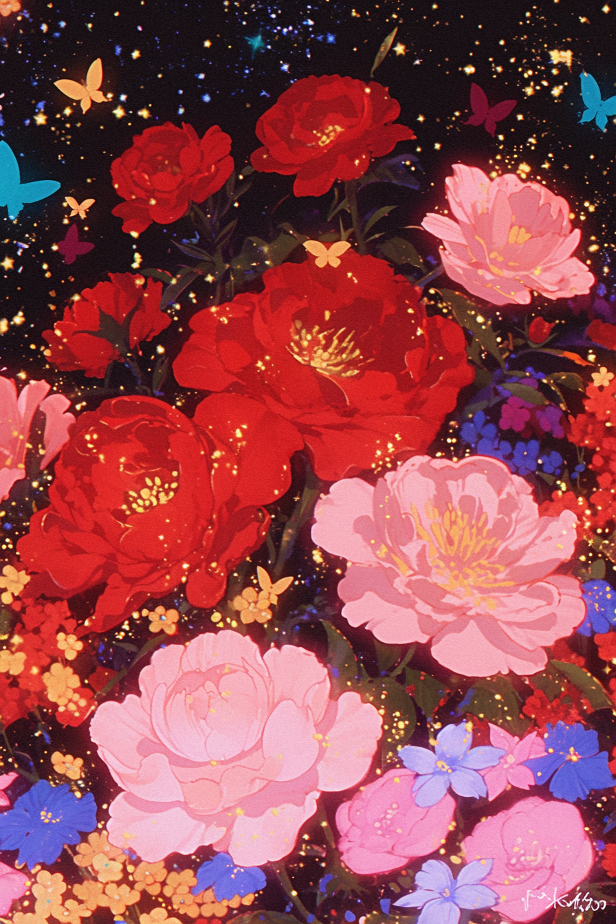 Butterflies and Flowers Beneath a Starry Pink Glow