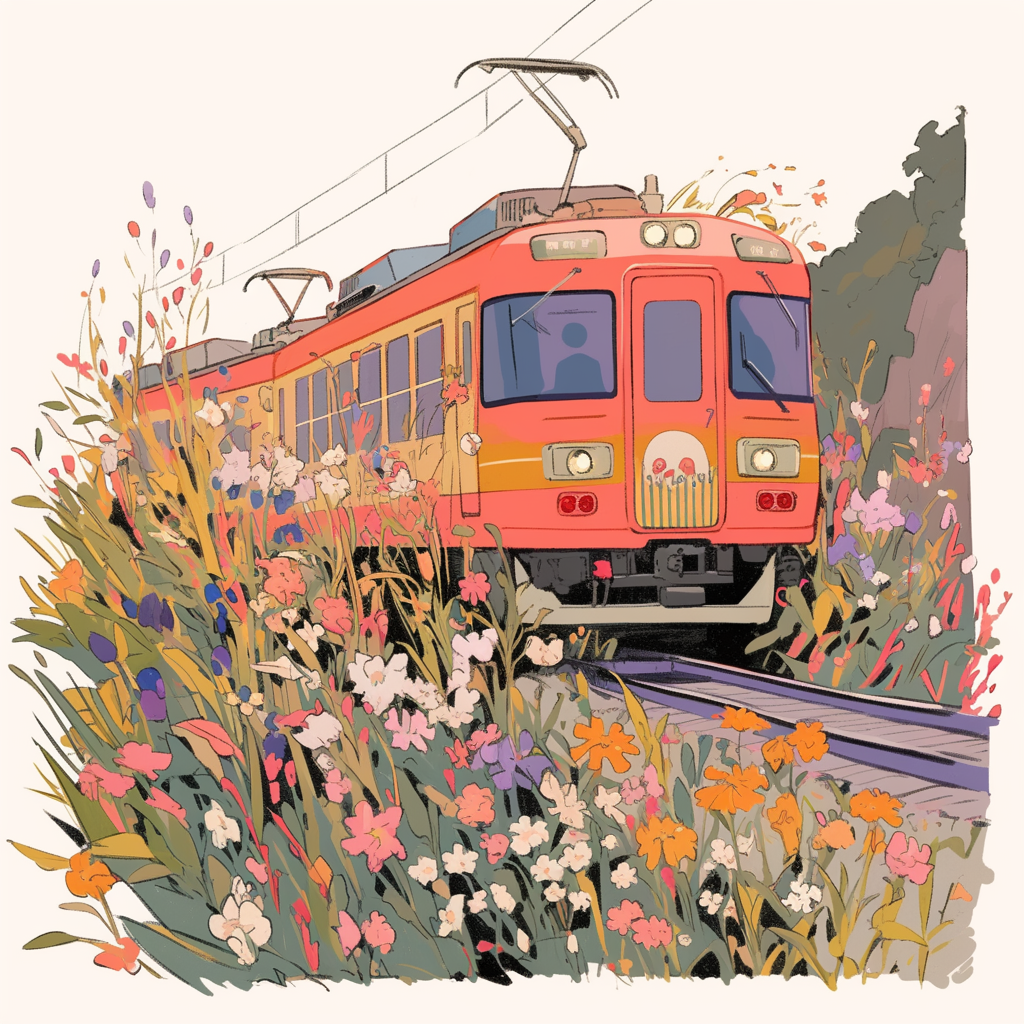 Flower-Surrounded Train on the Tracks