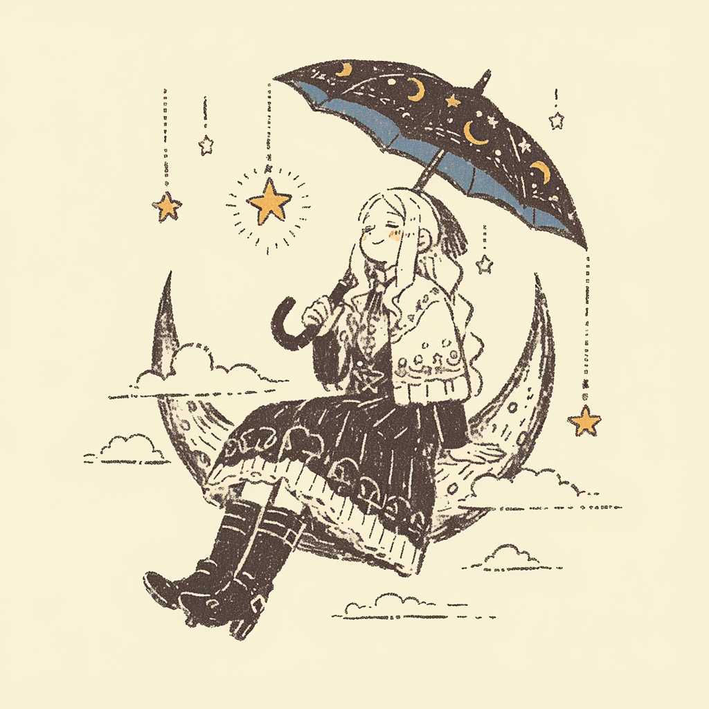 Pink-Haired Moon Girl with a Starry Parasol