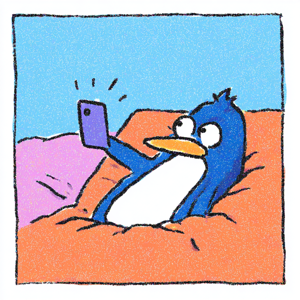 Pingouin jetant un regard de côté depuis un pouf