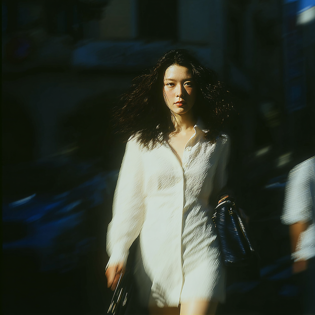 Femme en chemise blanche oversize traversant une rue européenne