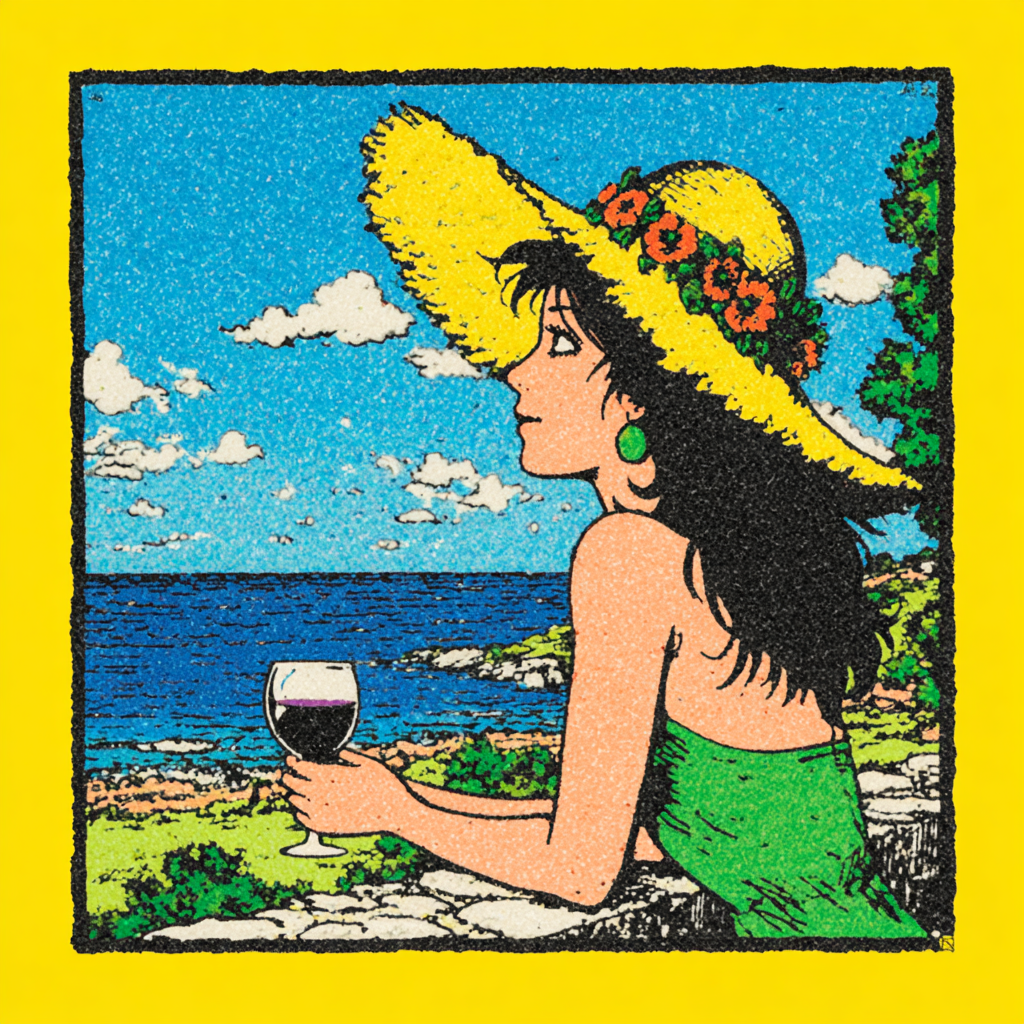 Frau mit Wein blickt zum Horizont