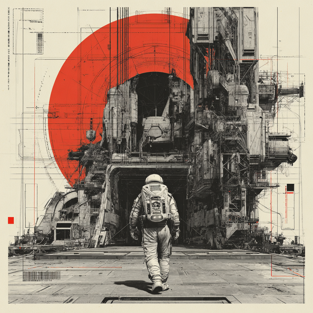 Astronaut in an Orbital Dock of Blueprints