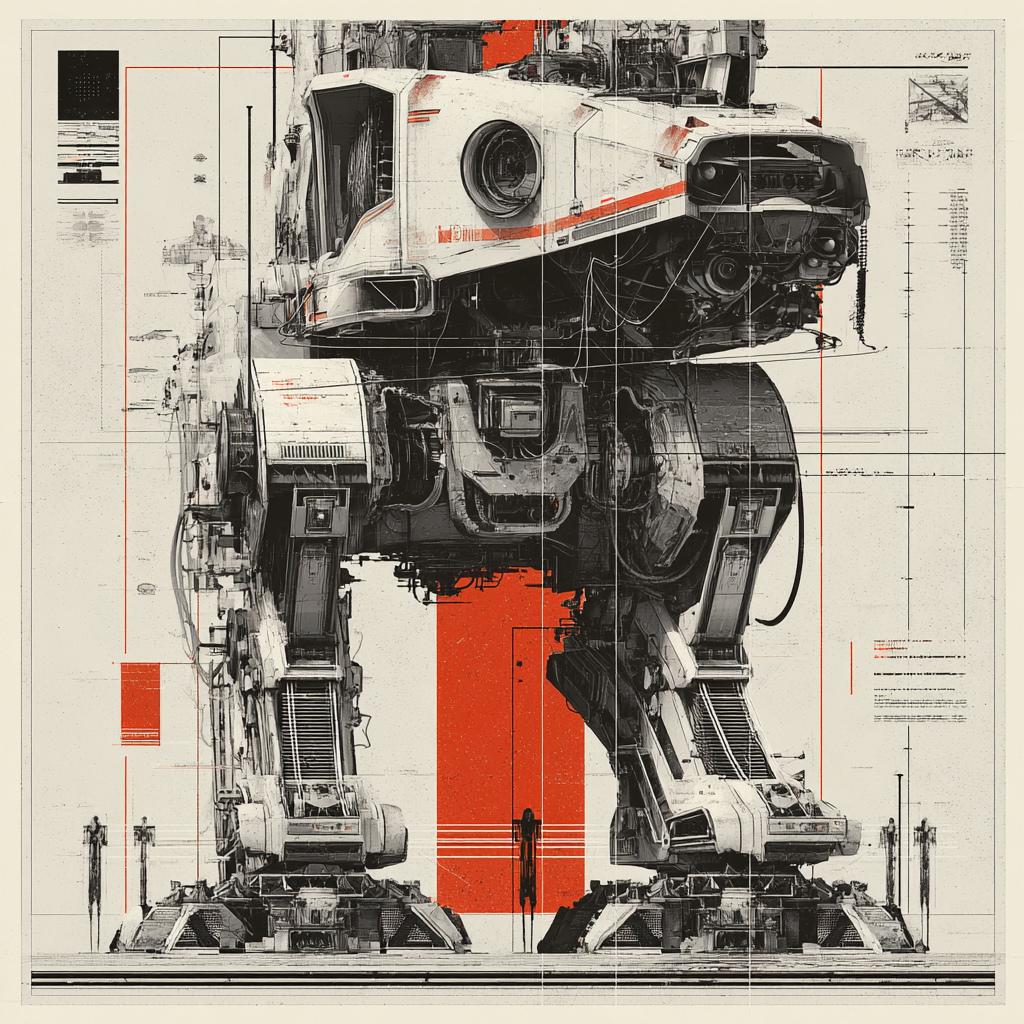 Boceto técnico de meca industrial neopunk