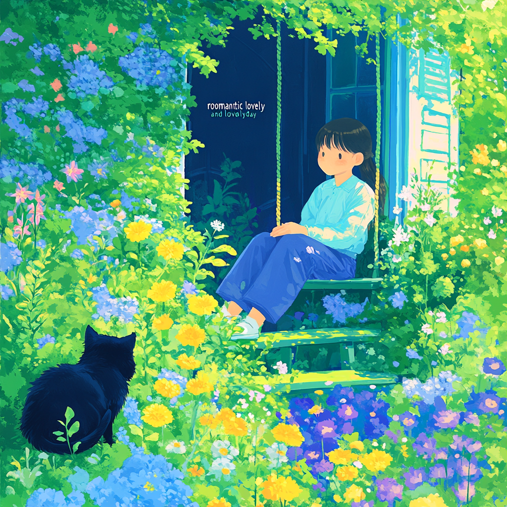 Romantic Porch Swing with a Sleeping Black Cat