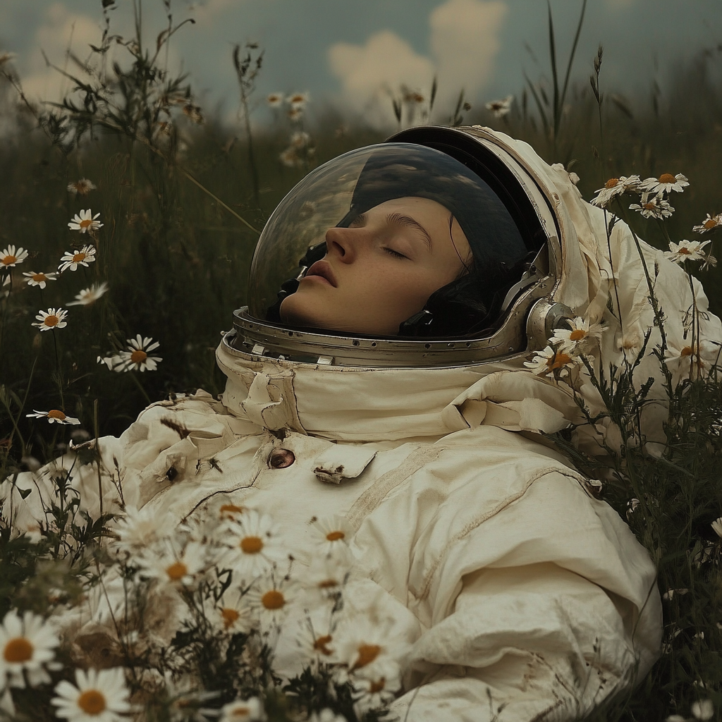 Astronaut im Gänseblümchenfeld