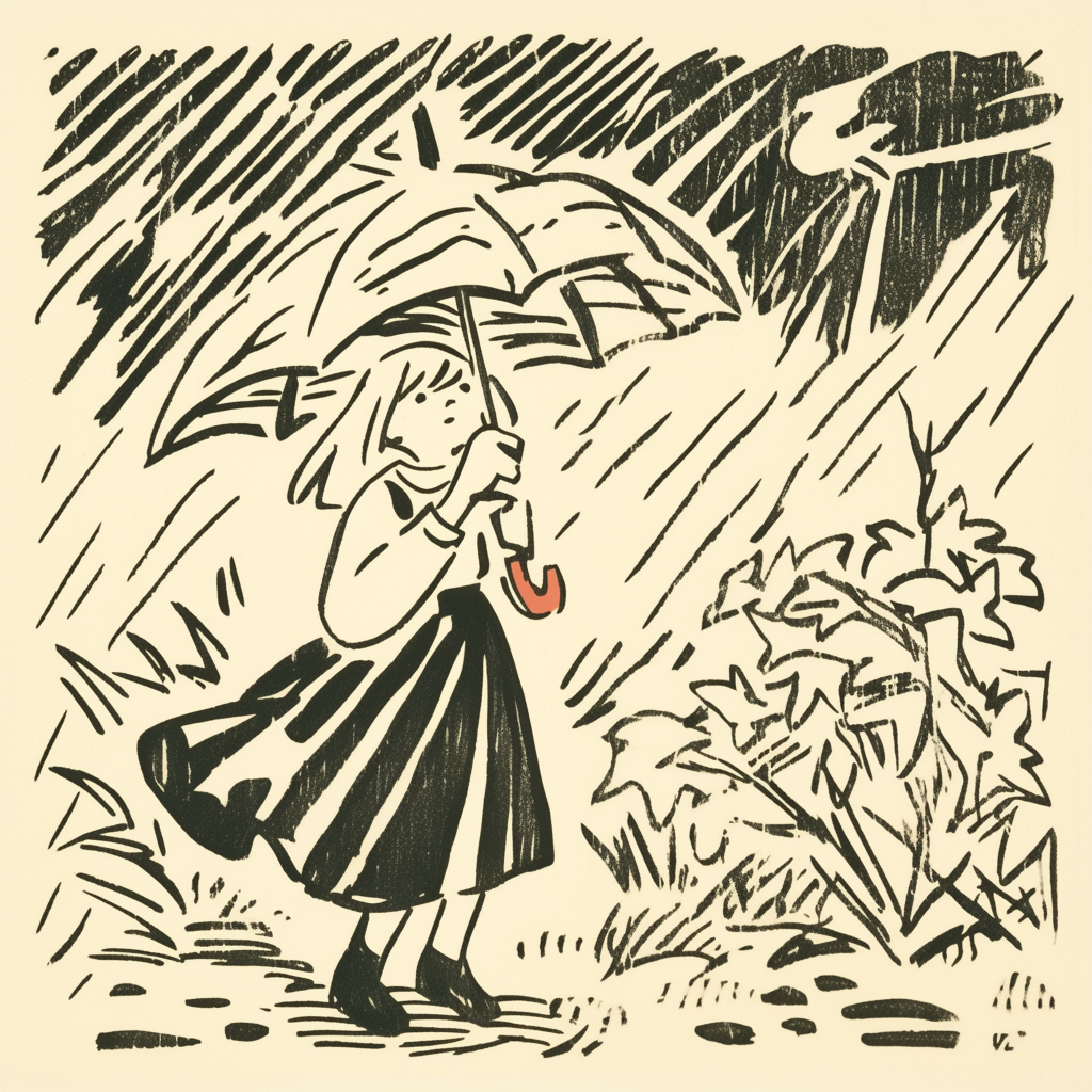 Little Girl Walking to School with an Umbrella