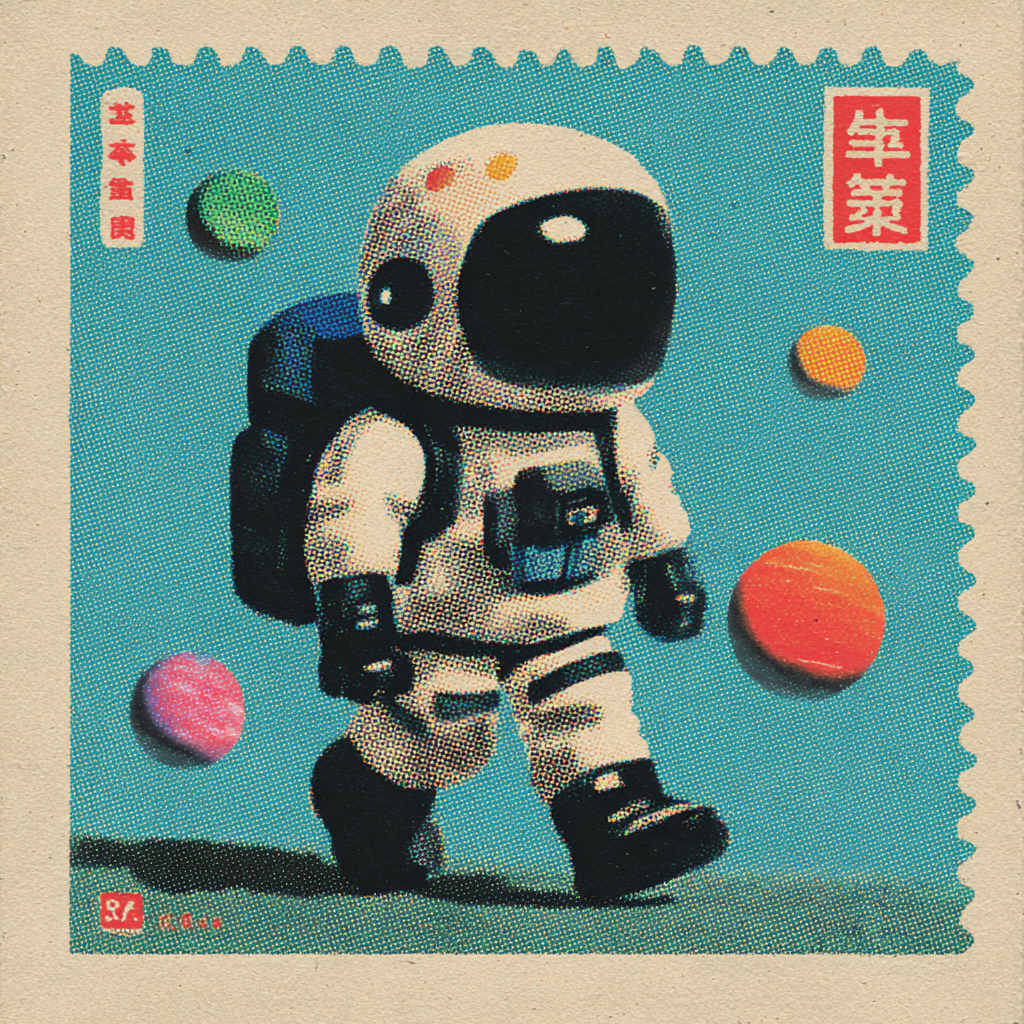 Astronaut Walking Across Candy-Colored Planets