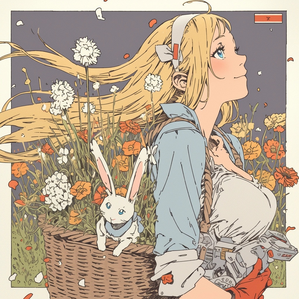 Vintage-Valentinsmädchen mit Blumen und Häschen