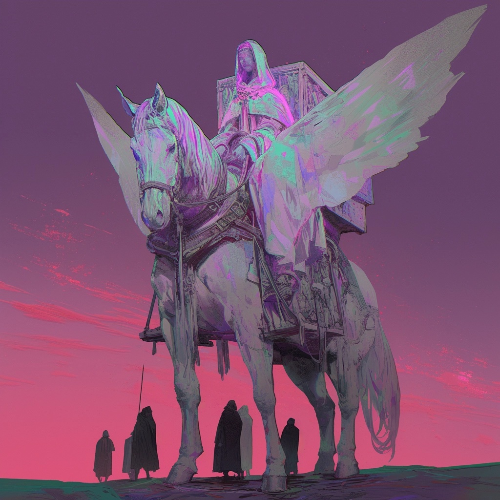 Two-Headed White Horse Carrying an Ancient Carriage