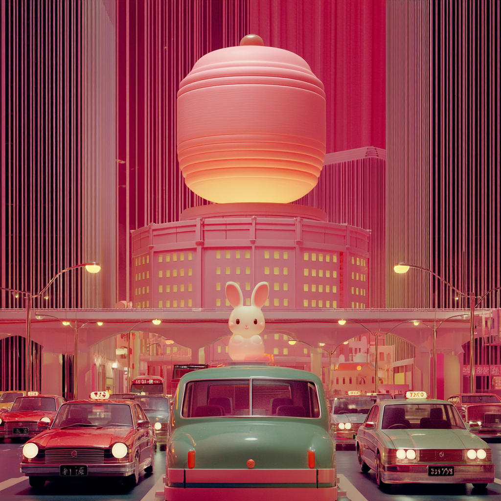 Mooncake Rabbit Over a Night City