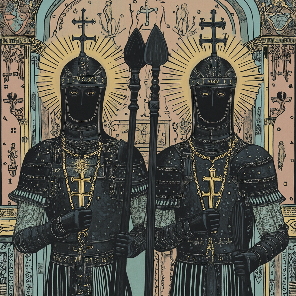 Sun-Headed Black Knights in an Ornate Church