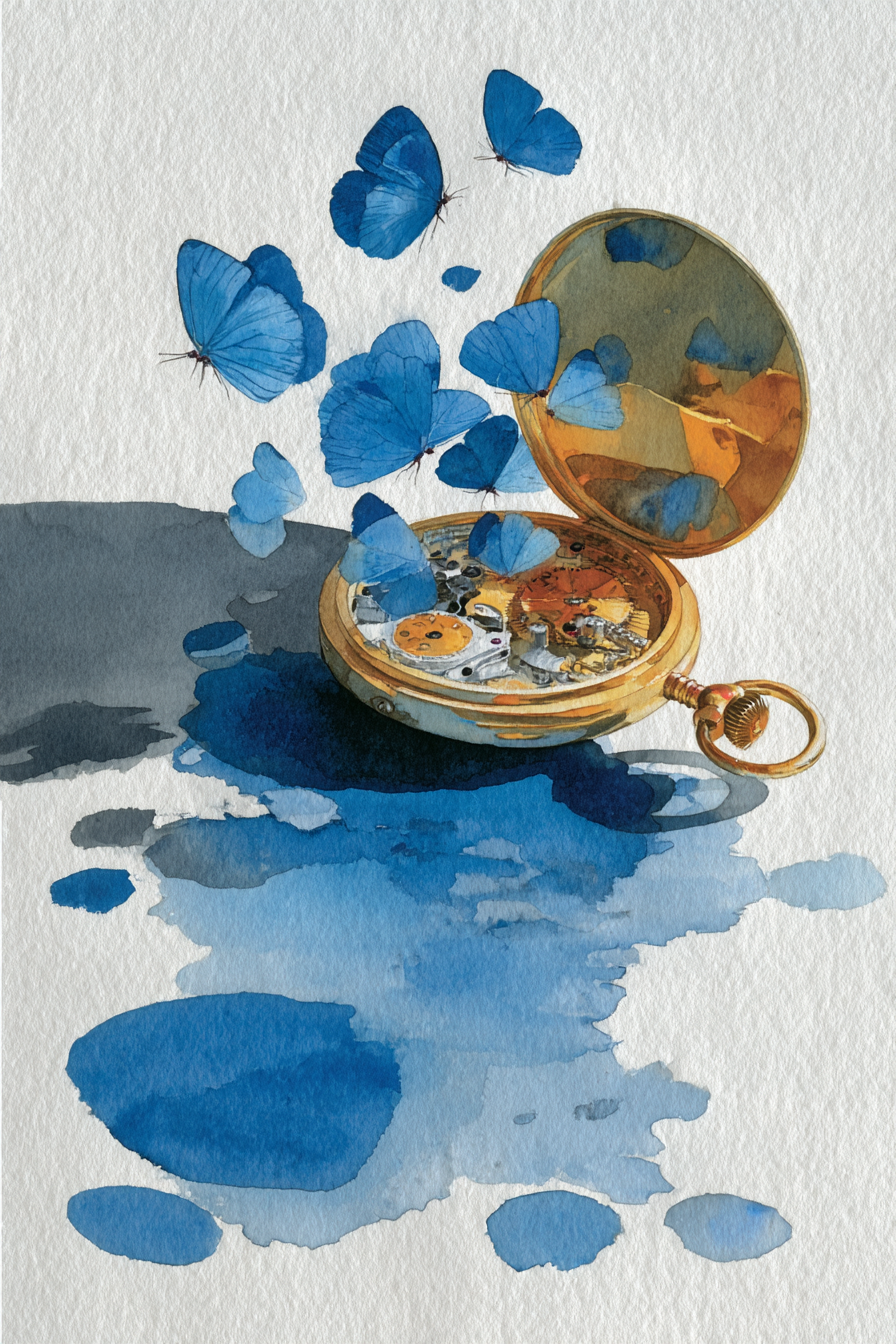 Pocket Watch Exploding into Indigo Butterflies