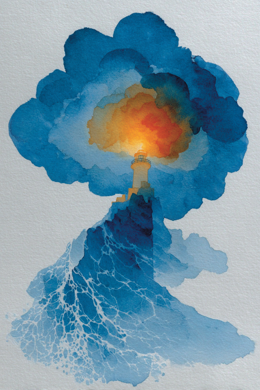 Lighthouse Built from Watercolor Waves