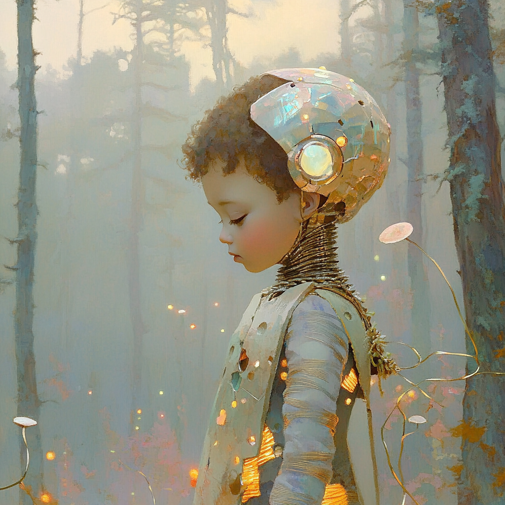 Enfant robotique vêtu un kākahu métallique