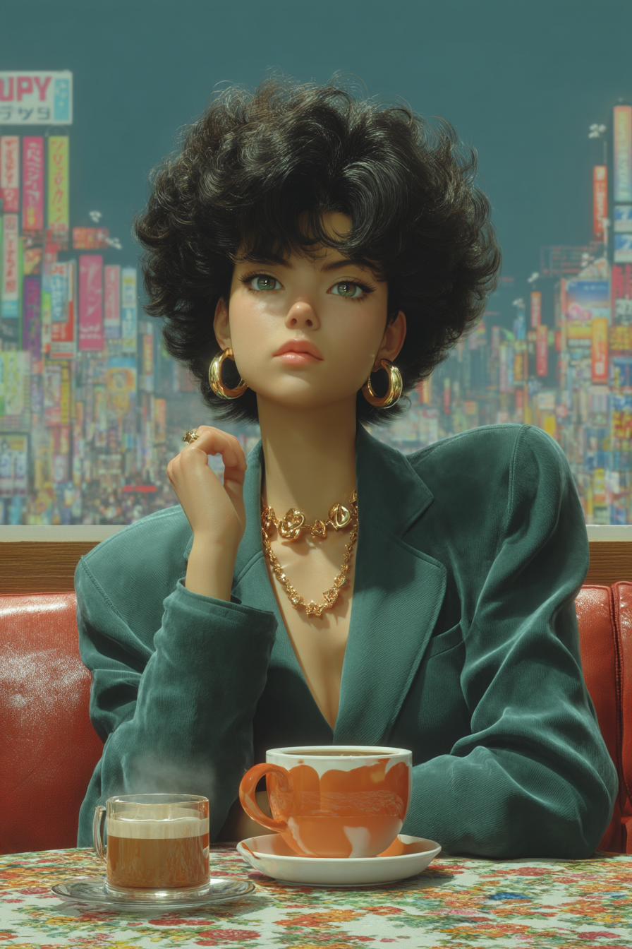 Elegante Frau mit Kaffee in einem Neon-Nachtcafé