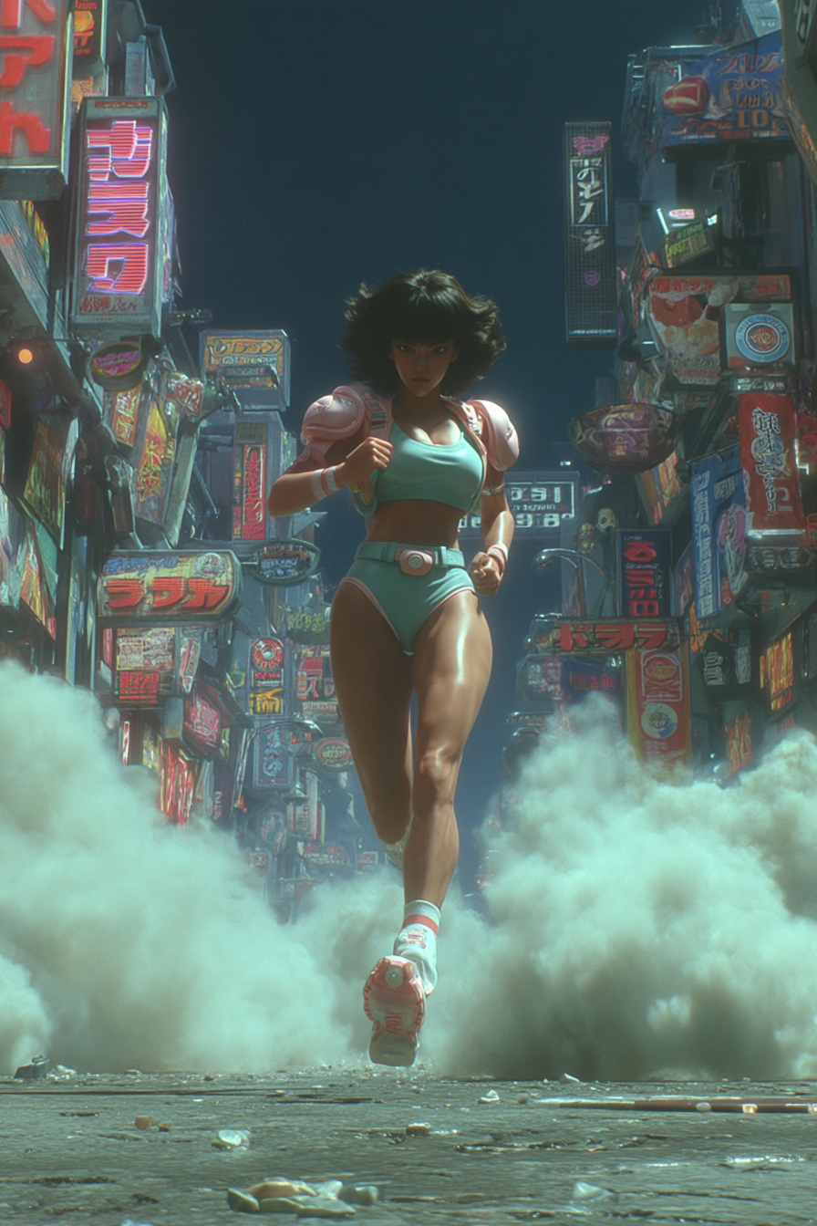 Cyberpunk Woman Running Through Tokyo Alleys