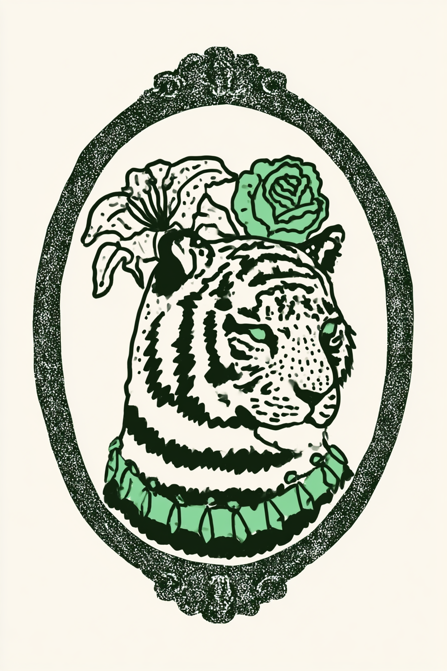 Jeweled Tiger Portrait with Flowers