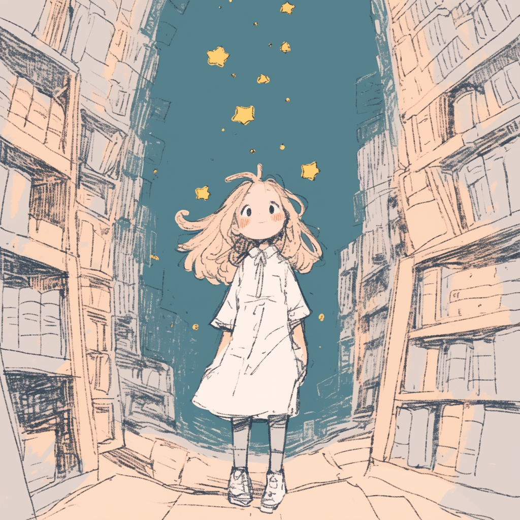 Estudiante en una biblioteca sin gravedad