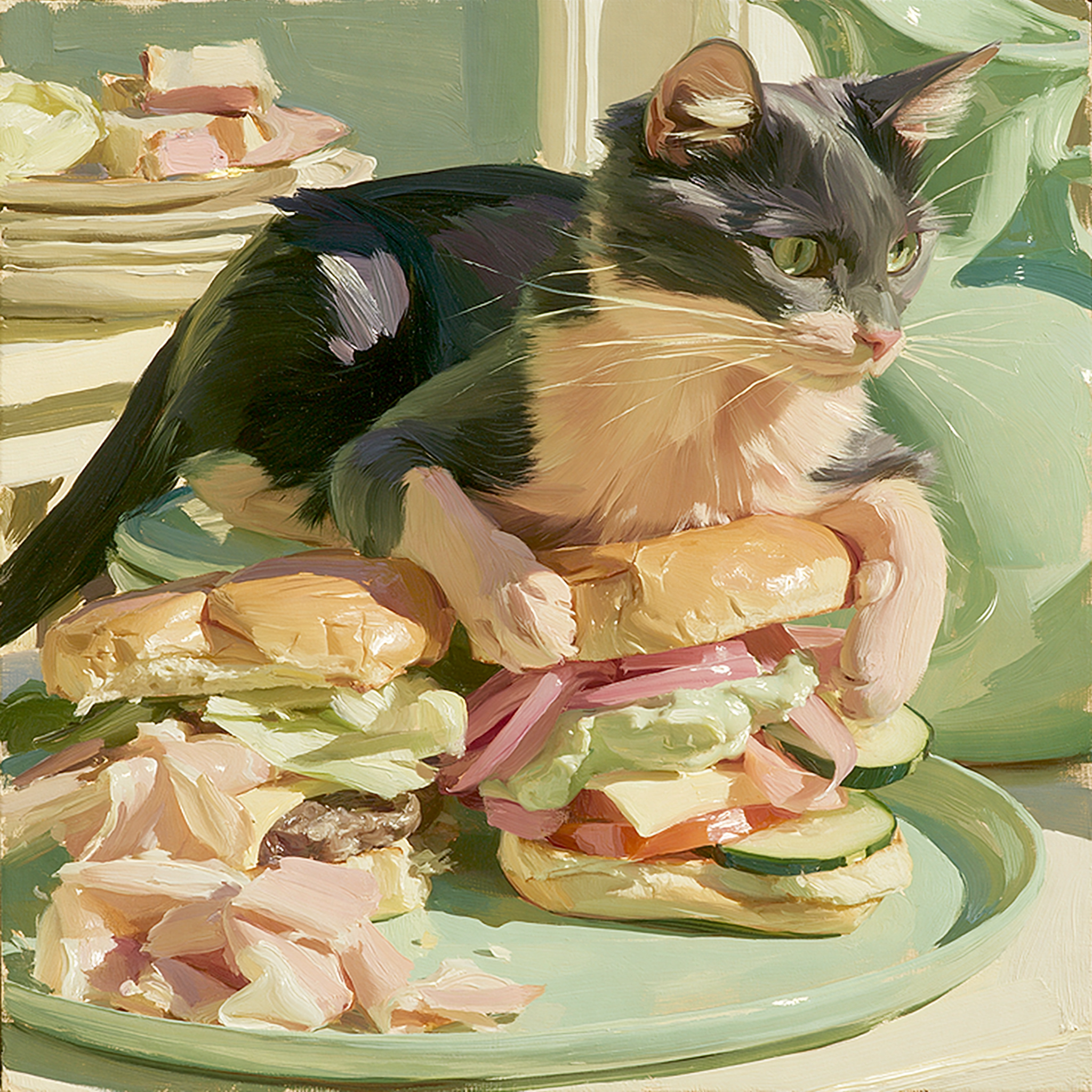 Surreale Katze zwischen Hamburgern