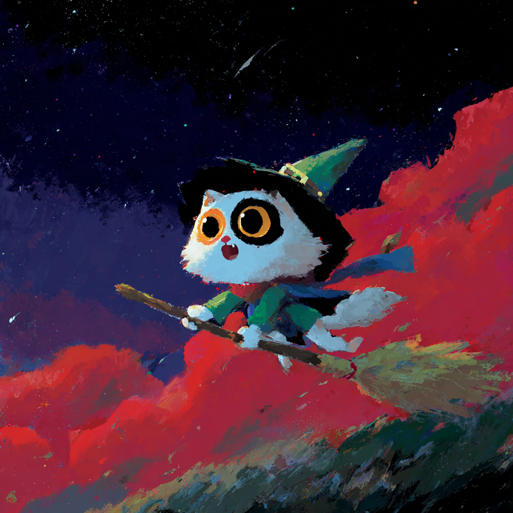 Witch Cat Flying on a Broom