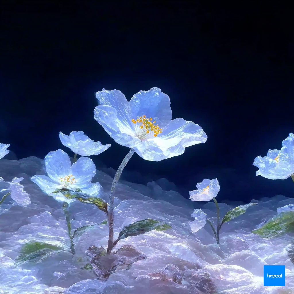 Flores translúcidas en una pradera alpina bajo la aurora