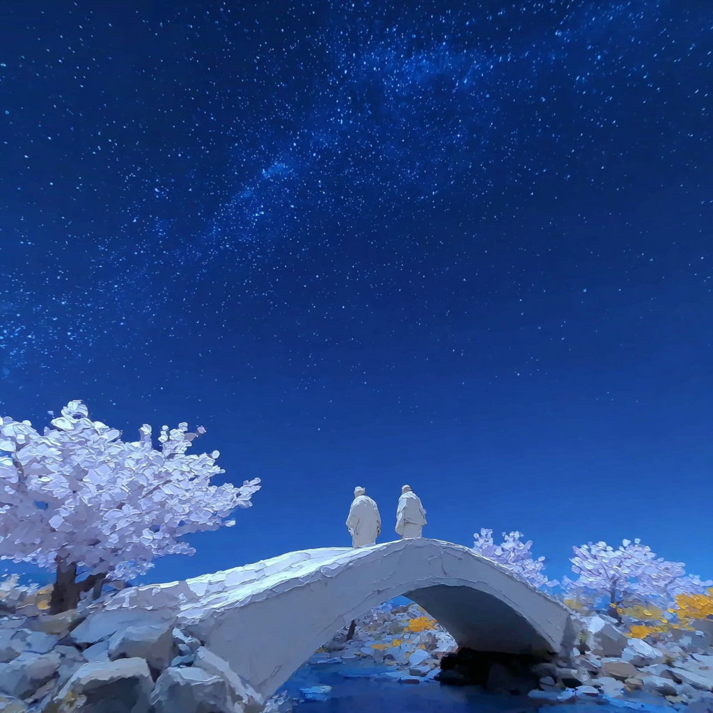 Two Figures on a Moonlit Cherry Blossom Bridge
