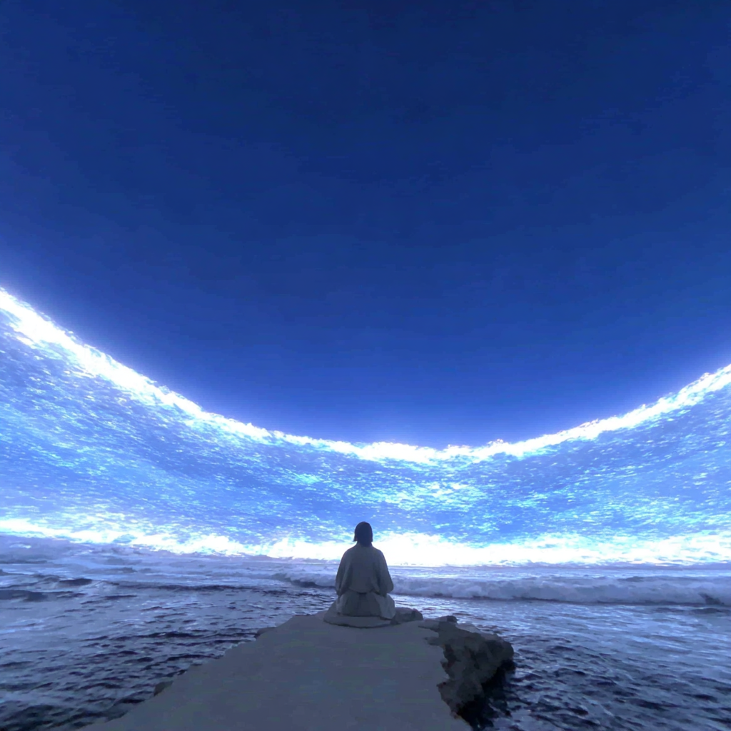 Meditating Figure Floating Above the Ocean
