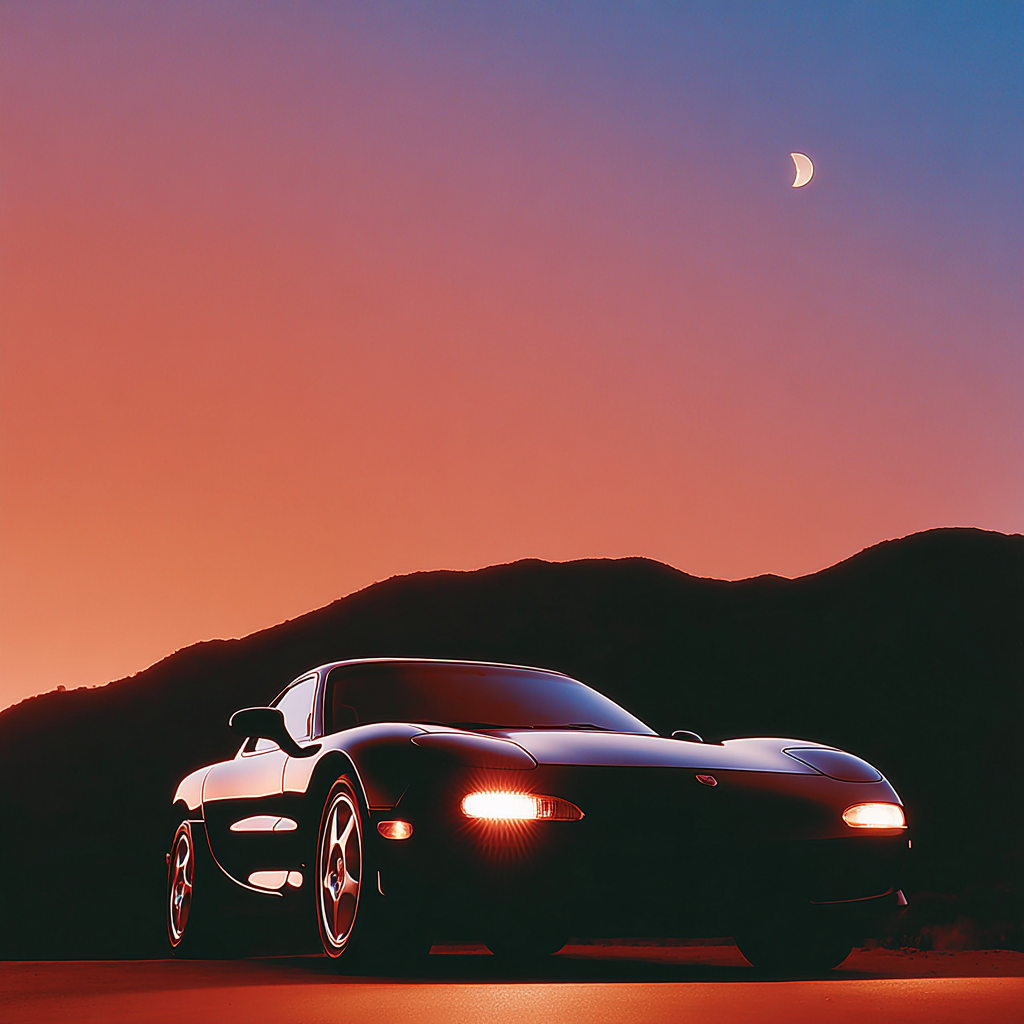 Black Sports Car Beneath a Crescent Moon