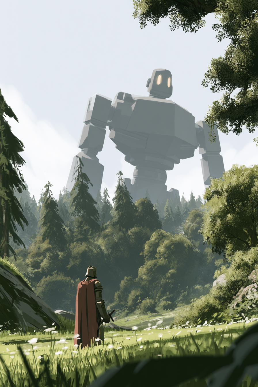 Knight and Gentle Human-Sized Iron Golem