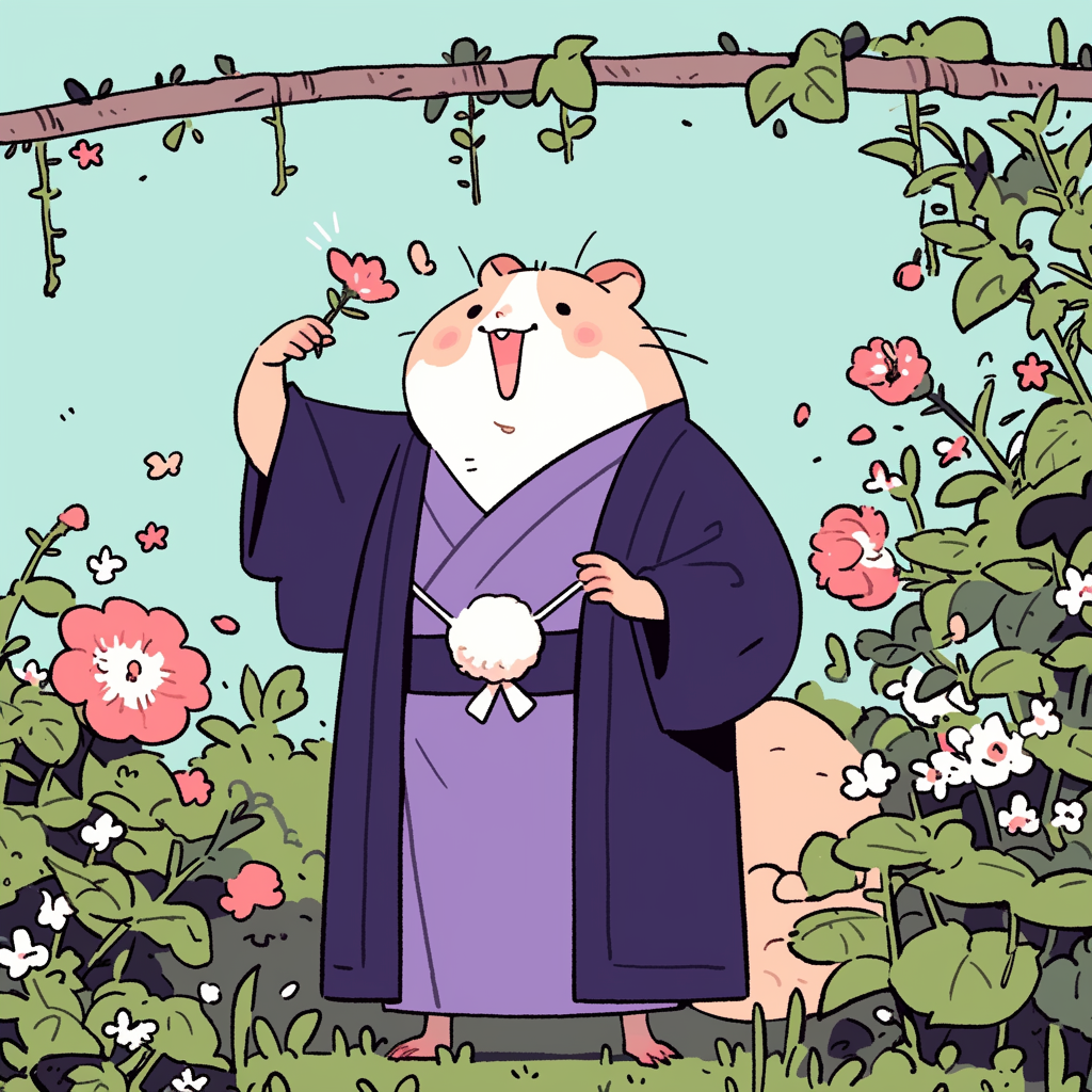 Dr. Hamster im Kimono bei den Blumen