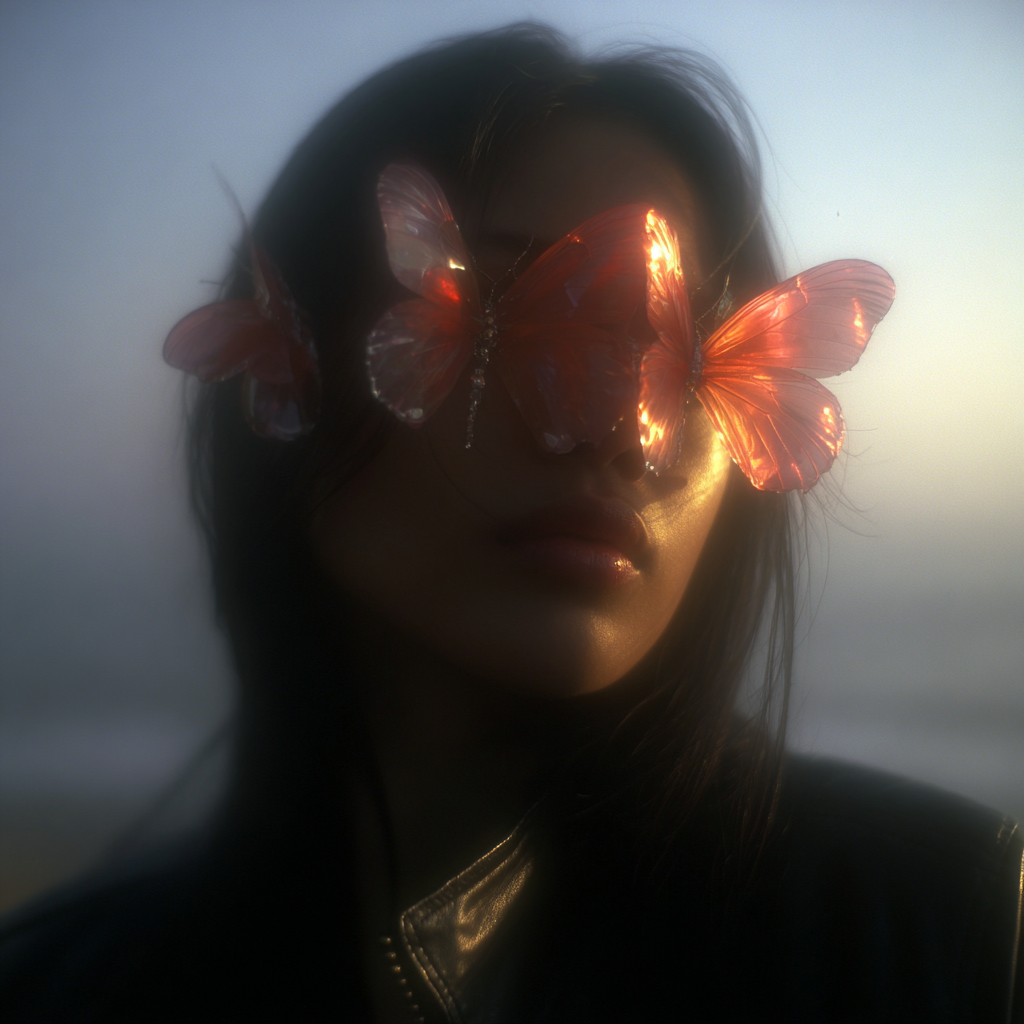 Woman Veiled by Fuchsia Butterflies