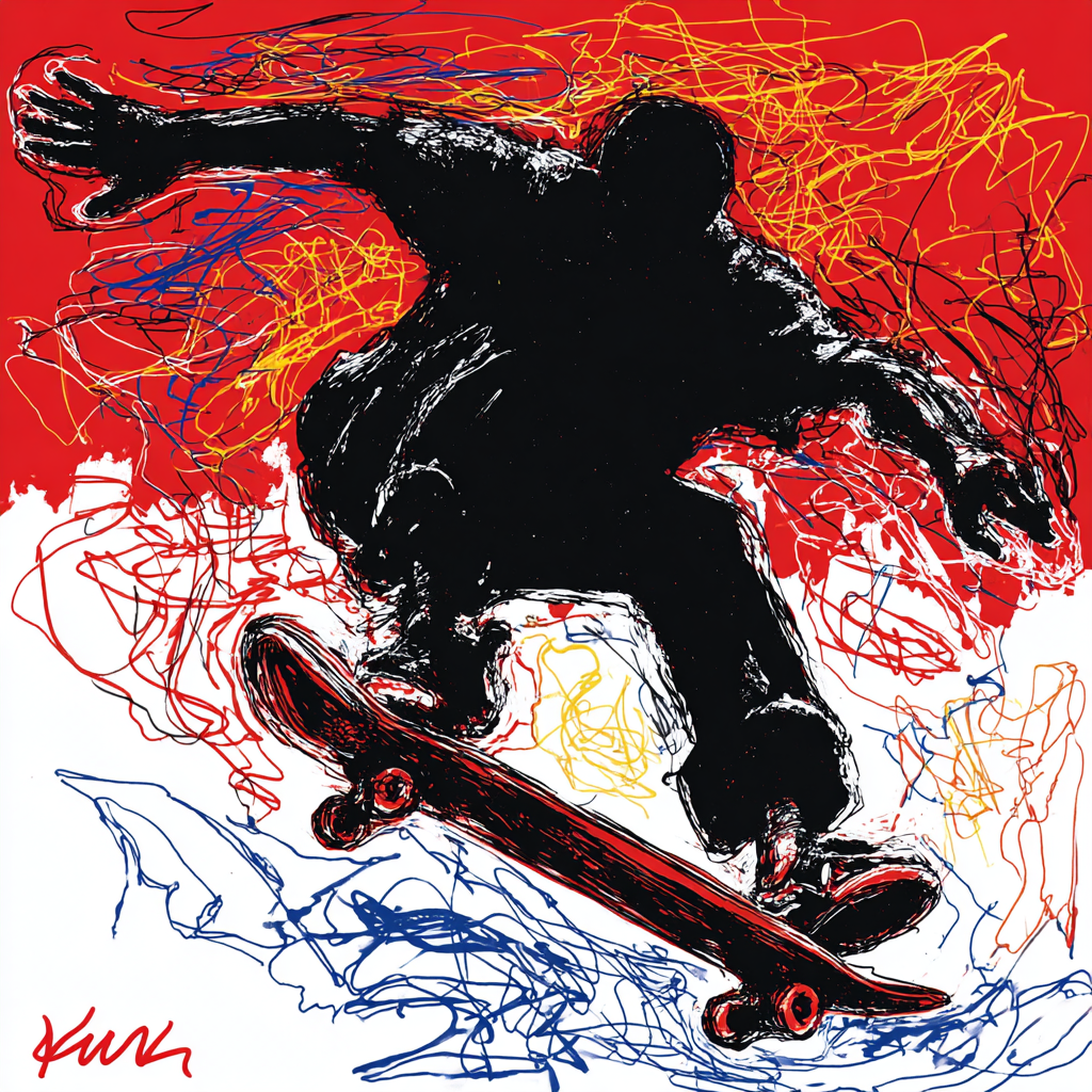 Skateboardtrick in Neon-Gekritzel