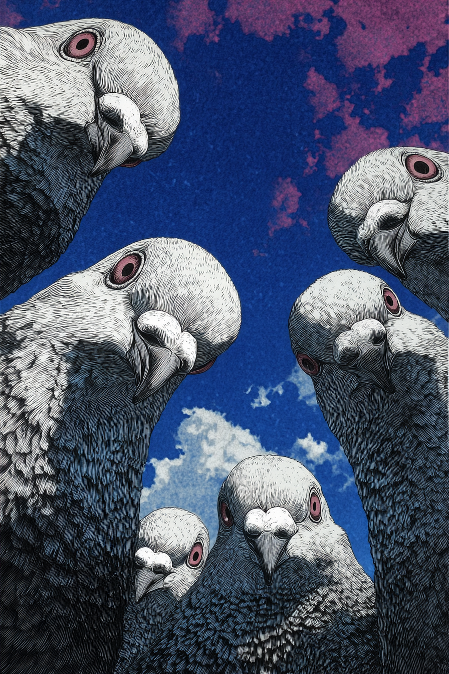 Curious Pigeons Looking Down