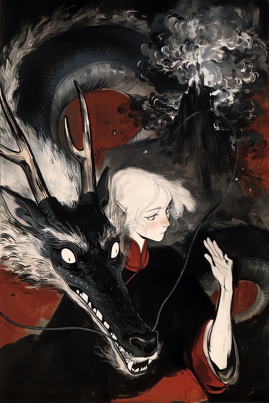 White-Haired Woman and Dragon in Battle