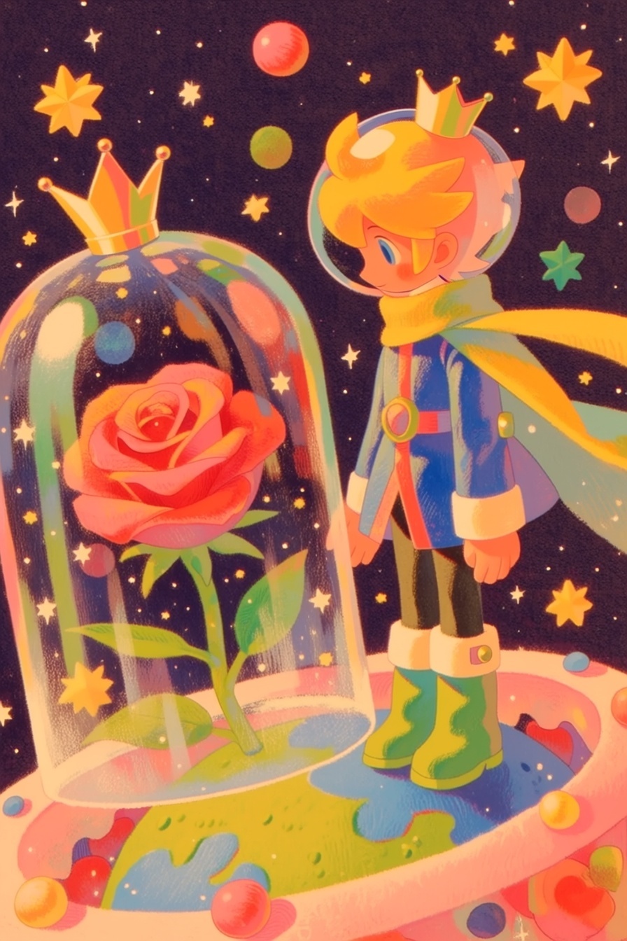 Le Petit Prince près de la rose sous cloche
