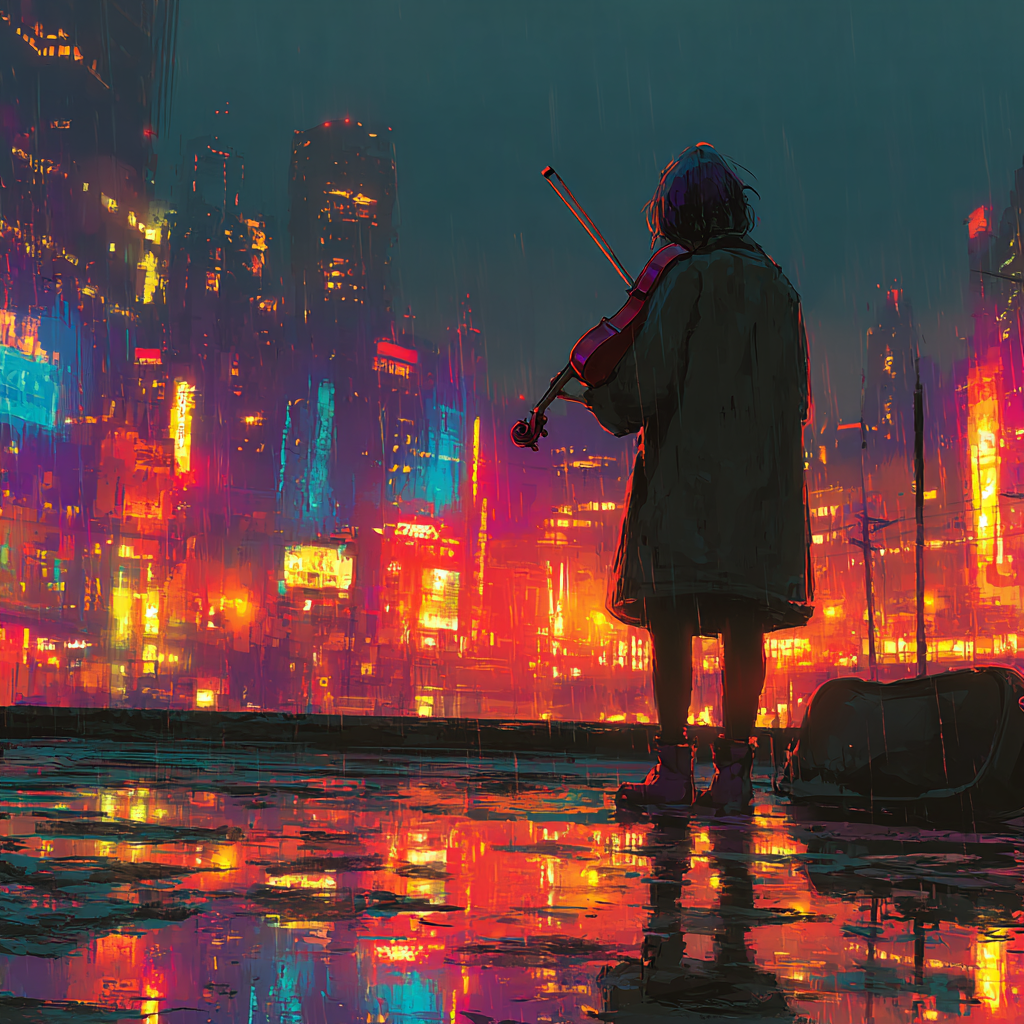 Violinist on a Rain-Soaked Neon Rooftop