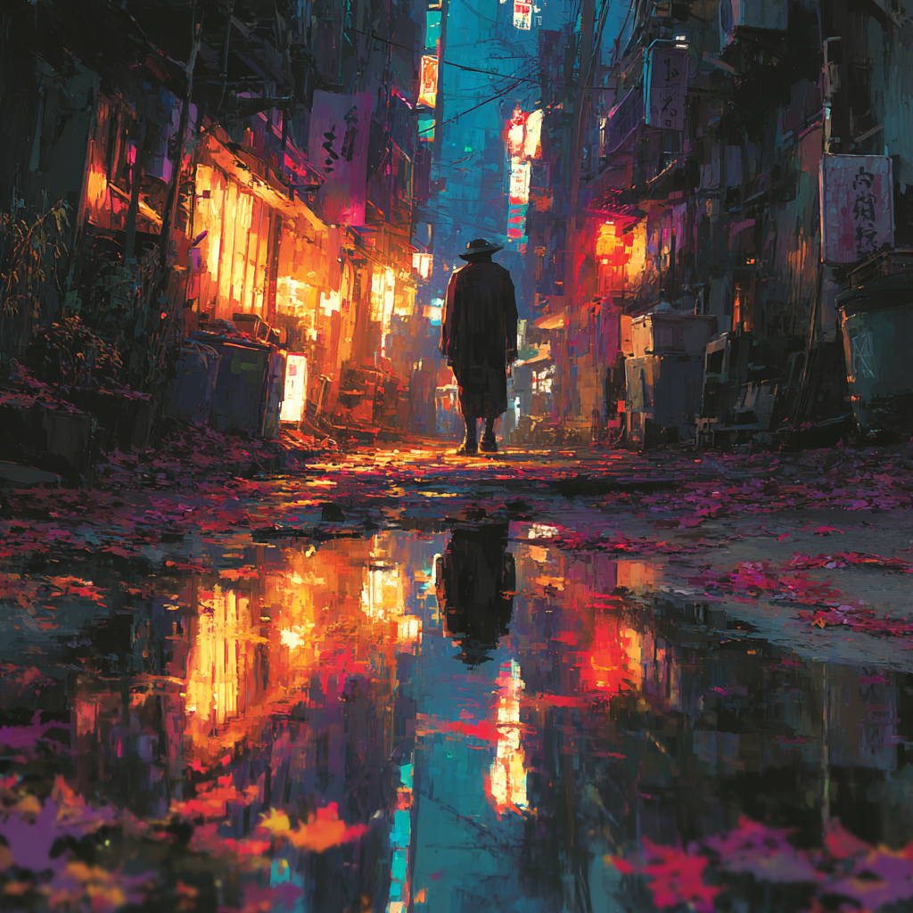 Samurai Walking Through a Rainy Neon Alley
